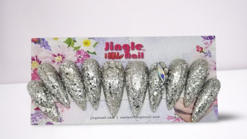Pale Grey Sequence Rhinestones Long Ballerina Press-on Nail Tips Sparkle  Luxury 