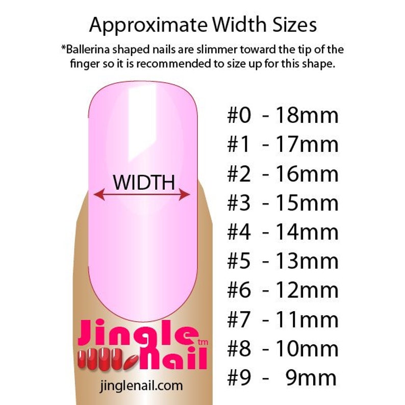 Op de afbeelding: Afbeelding met nagelbreedtematen in millimeters voor ballerina-vormige nagels. De afbeelding toont een roze nagelillustratie met een breedtemeting en een maattabel van 9mm tot 18mm. De merknaam "Jingle Nail" is zichtbaar.