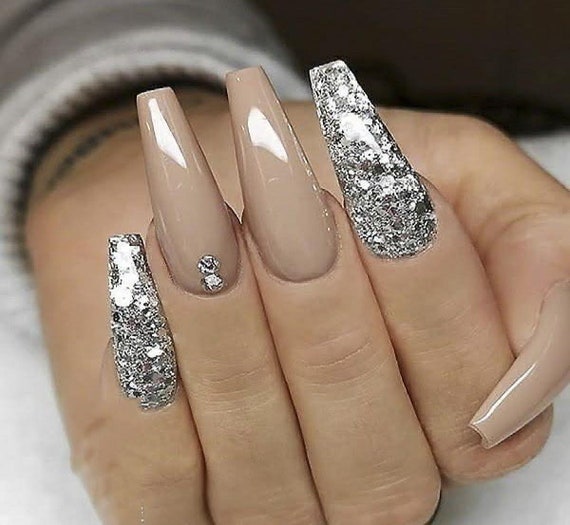 Beige Sparkle Stones Designed Press Ons Nails Ballerina Stiletto
