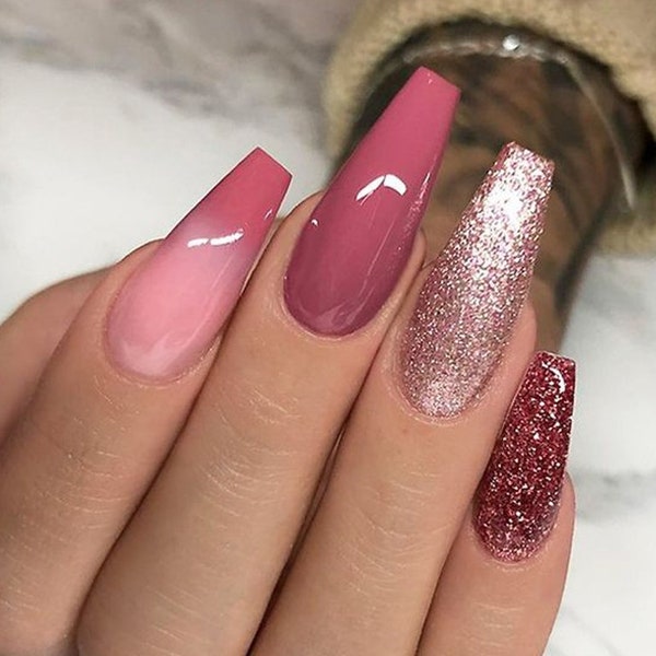 Luxury Mauve Pink Sequence Holographic Ombre Long Ballerina Press-on Nail Tips