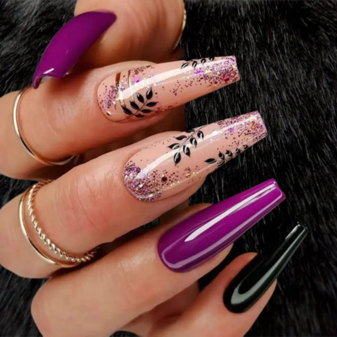 Pitaya Purple Black Leaf Nails Best Selling Press on Tips With Hand Painted Design Acrylic Nails