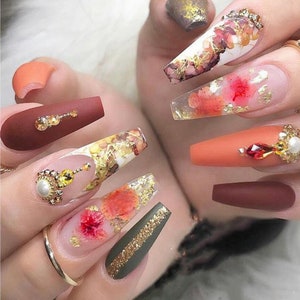 Apricot Abstract Ballerina Press-ons No Need to Measure Includes all Sizes Best Selling Nails Hard Gel Coating