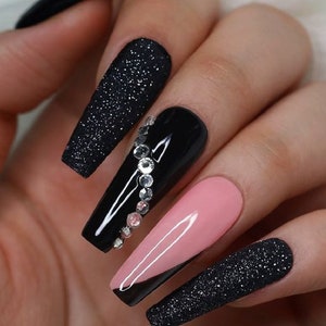 Black Pink with Rhinestones Nail Design on Acrylic Press On Nails Best Selling Hand Made Full Coverage Tips All Sizes Shape and Lengths