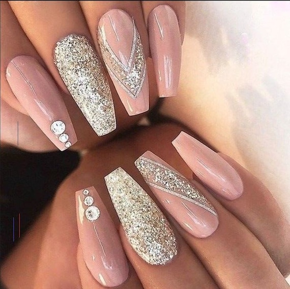 GORGEOUS Neutral Beige Blush Silver Sparkle Stones on Long Acrylic  Ballerina Best Selling Press-on Nails With Trending Pre-designed Nail Art 