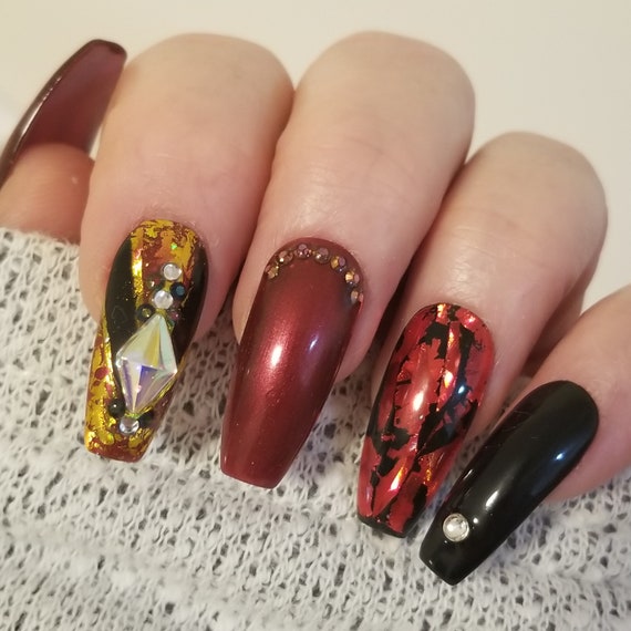 Press On Nails Red Black Long Coffin Shaped Tips Strong Glue Etsy