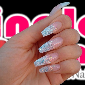Ombre Sparkle French Nail Designed Acrylic Gel Press on nails Coffin Ballerina Stiletto Shaped Fake Nails Strong Sturdy Reusable Wedding image 4