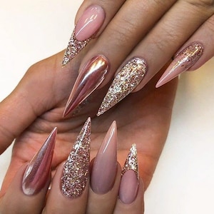 Mauve Pink Blush Beige Gel Sparkle Nail Design Long Stiletto Press-on Tips Gloss