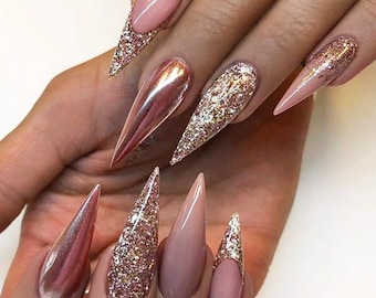 Mauve Pink Blush Beige Gel Sparkle Nail Design Long Stiletto Press-on Tips Gloss