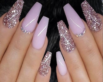 Lavender Sparkle Press On Nails with Rhinestones, Hand Made