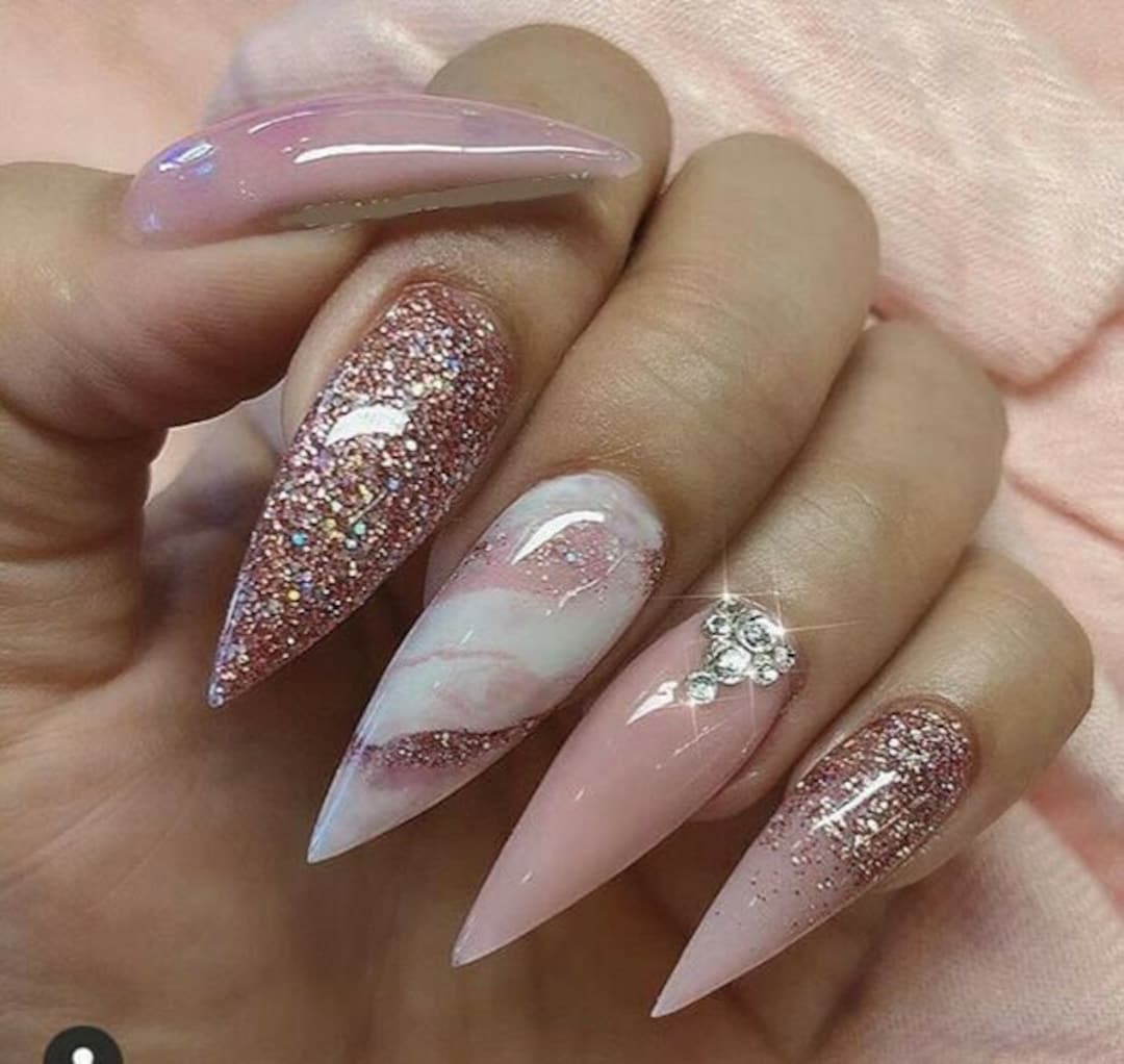 Pink Sugar  Long Glossy Hot Pink Black Silver Stiletto Nails