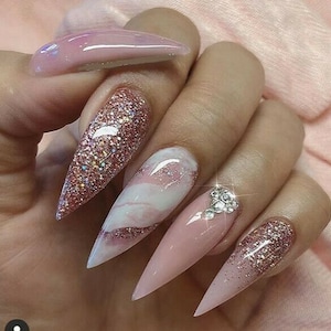 Press on Custom Pink Mauve Sparkle White Marbleized Any Shape, Length, Color Crystal Jewel Best Seller Nails | Best Nail Shop | Trending