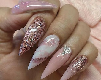 Custom Pink Mauve Marbleized Press On Nails with Jewels | Any Shape Length Color