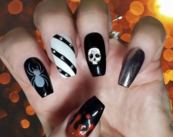 Black Halloween Skull Spider Jail Bars Blood Drip Design Best Press On Nails by Best Selling Fake Nails for Nail Design Lovers