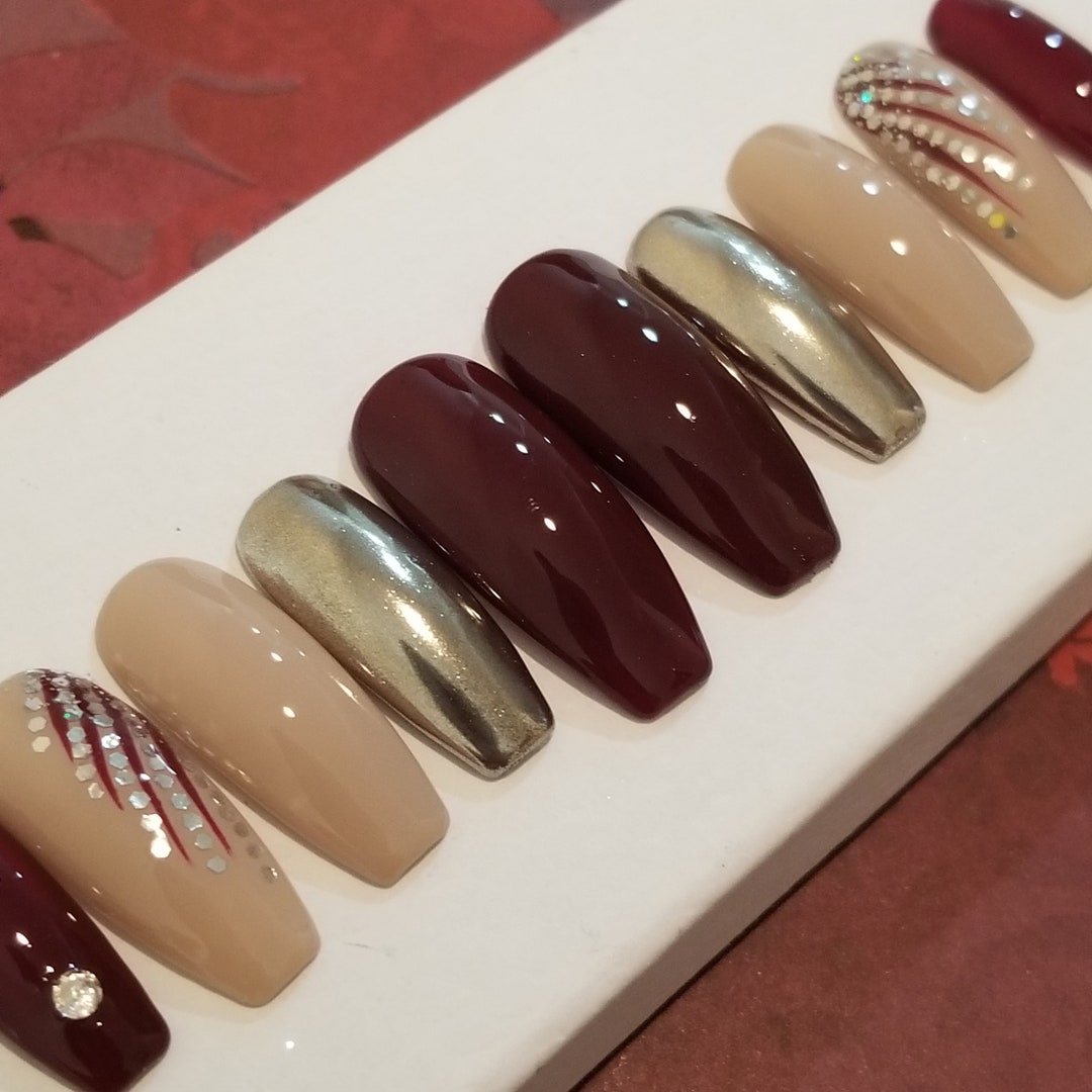 Strongest Press on Nails Burgundy Taupe Mirror Design Rhinestones Tips