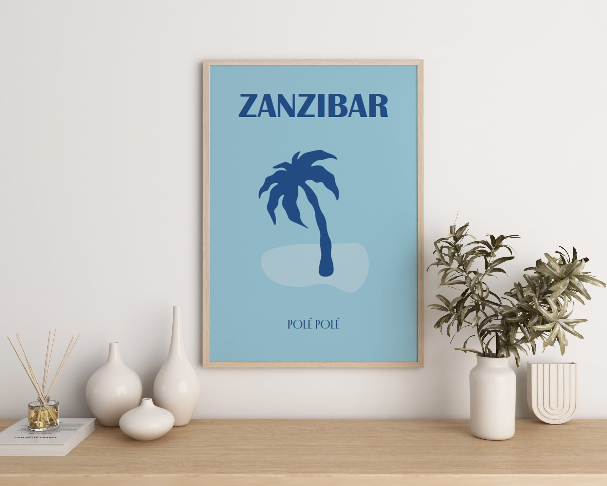 Affiche Zanzibar Polé Palmier Bleu Voyage Imprimé sur Papier Mat Décoration Mural Plusieurs Formats 