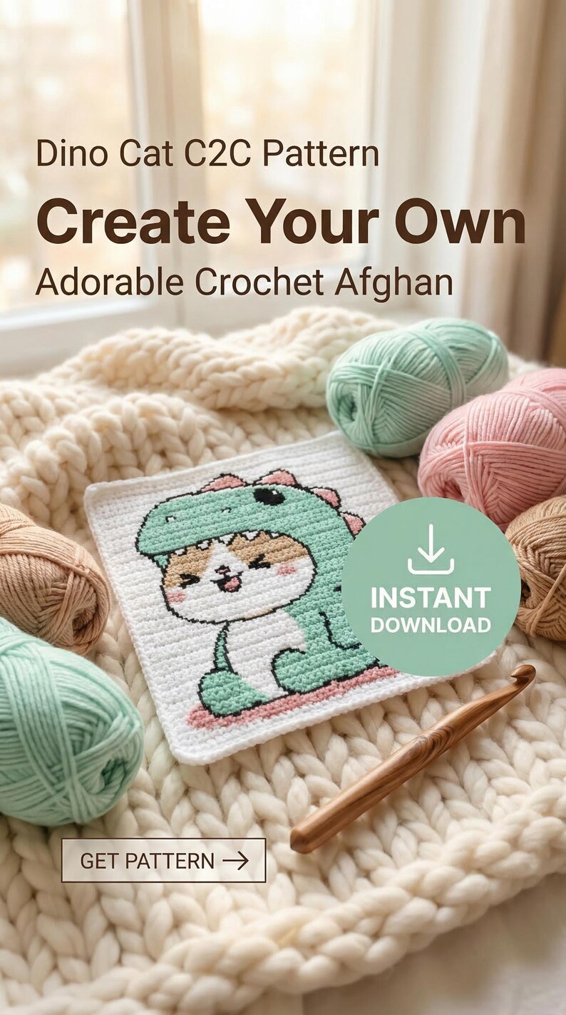 Dino Cat C2C Crochet Pattern PDF | Cute Cat Dinosaur Graphghan | Corner ...