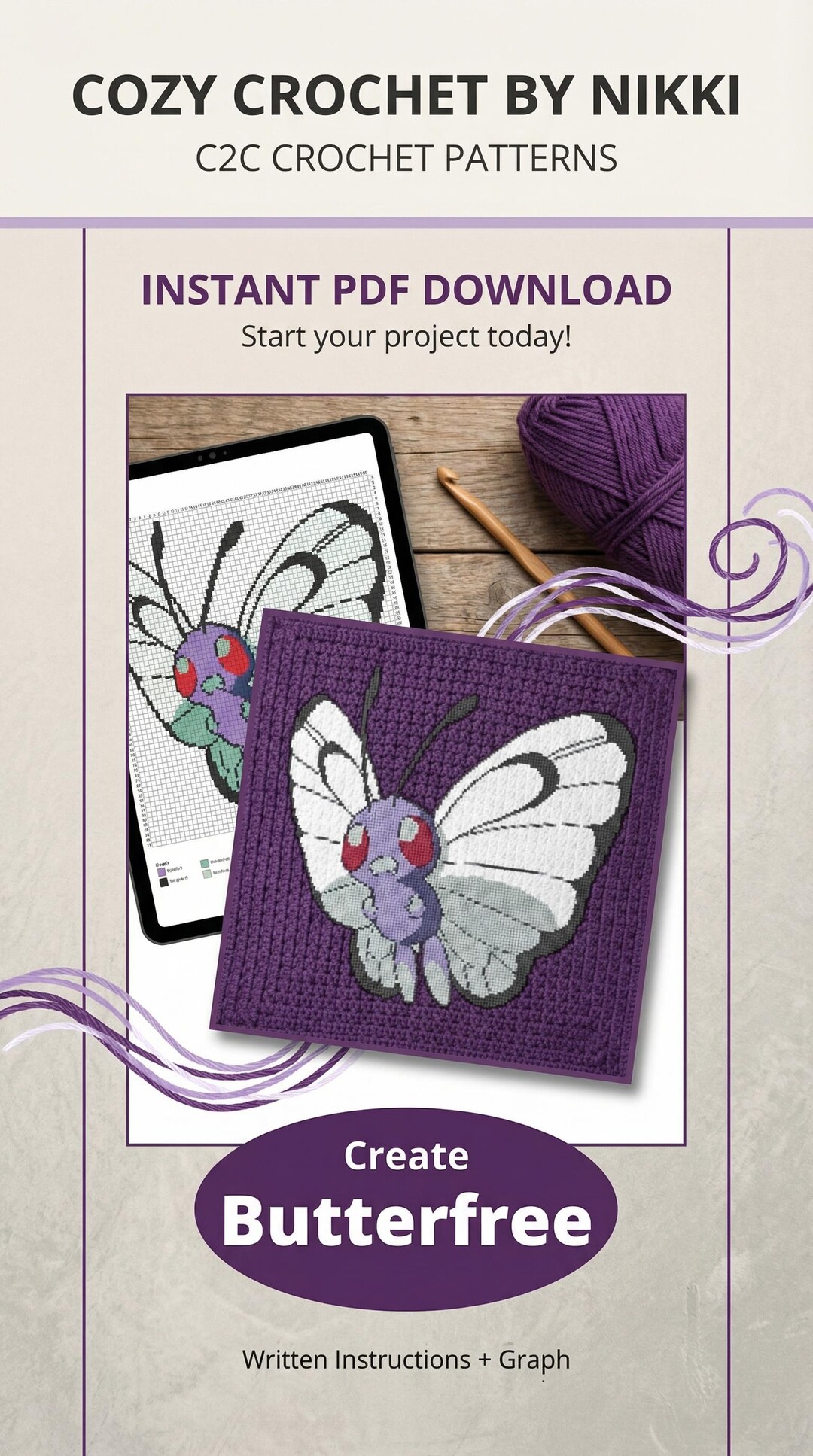 Graphghan Pokemon Butterfree C2C Crochet Pattern PDF | Pokémon Inspired Graphghan ...