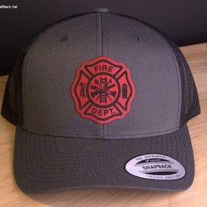 Firefighter baseball Cap, trucker style Hat, structured Leather patch hat, Fireman baseball hat, gift for men, dad hat, father's day