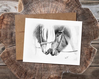 Art Card of Horse Pencil Drawing, Pony Nuzzling Portrait, 5" x 6.5" Folded Greeting Card, Blank Matte Cardstock, Equine Artwork Print
