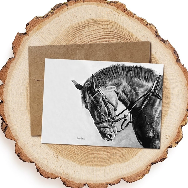 Art Card Horse Pencil Drawing, Patience, Glossy 5" x 7" Flat Greeting Card, Blank Grey Back, Equine Artwork, Graphite Artist, Realistic Art