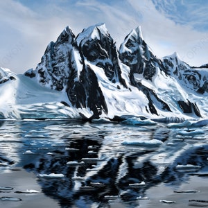 Cartel de arte montaña nevada, paisaje ártico, acabado satinado, ilustración de decoración de pared, pintura digital, impresión de obras de arte, diseño pintado a mano