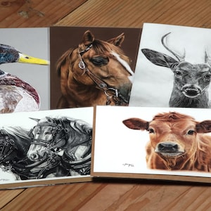 Lot de 5 ou 10 oeuvres d'art originales par Chelsea Noyon, 5 x 7 cartes de voeux pliées vierges à l'intérieur, oeuvre d'art au crayon Animaux de la ferme et de l'ouest