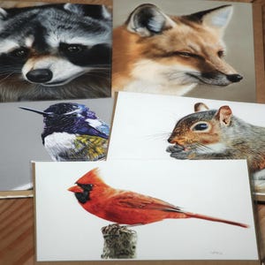 Lot de 5 ou 10 oeuvres d'art originales par Chelsea Noyon, 5 x 7 cartes de voeux pliées, intérieur vierge, oeuvre d'art au crayon et peinture, faune