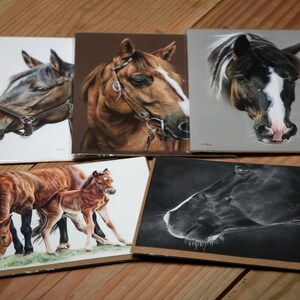 Lot de 5 ou 10 oeuvres d'art originales par Chelsea Noyon, 5 x 7 cartes de voeux pliées, intérieur vierge, oeuvre d'art au crayon et peinture, chevaux