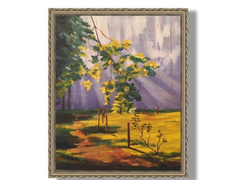 oil painting spring forest sun rays landscape
