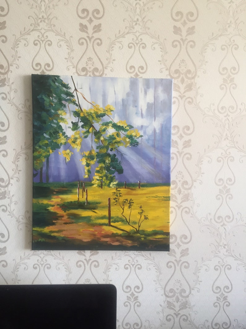 oil painting spring forest sun rays landscape