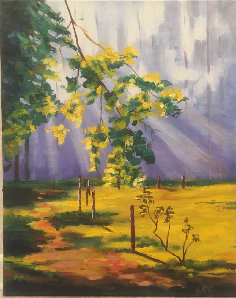 oil painting spring forest sun rays landscape
