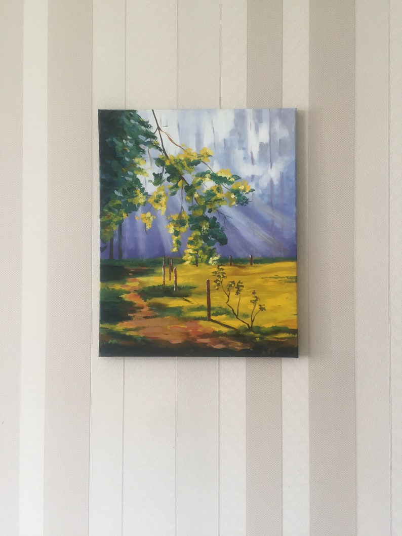 oil painting spring forest sun rays landscape