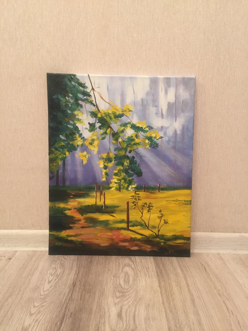 oil painting spring forest sun rays landscape