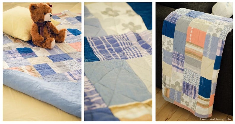 May include: A patchwork quilt made from different shades of blue, white, and beige fabric. The quilt is made up of squares and rectangles of different sizes and patterns. A teddy bear is sitting on the quilt.