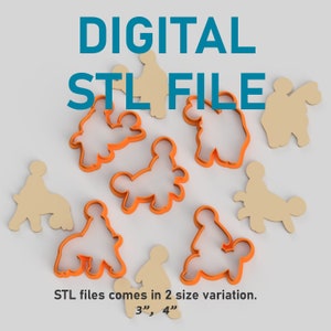 Könnte beinhalten: Ein Satz von sieben orangen Plastik-Ausstechern in Form von Menschen. Die Ausstecher sind in einem Kreis auf weißem Hintergrund angeordnet. Der Text "DIGITAL STL FILE" befindet sich oben im Bild. Der Text "STL files comes in 2 size variation. 3", 4" befindet sich unten im Bild.