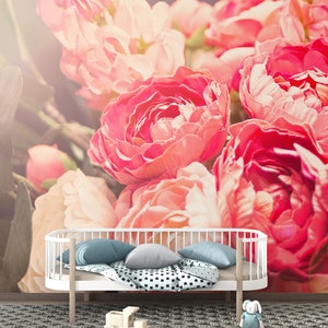 Blush Pink Peonies and White Blooms in Soft Light with Greenery Peel and Stick Wallpaper