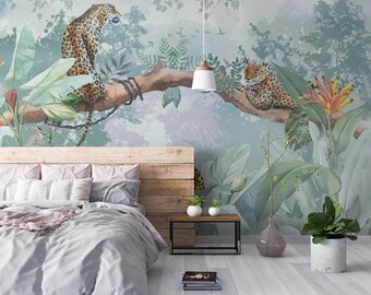 Leopard auf dem Baum im Dschungel-Tapeten-Wandbild, Schälen und aufkleben & Traditionelles Papier