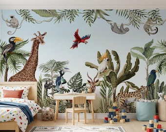Safari Nursery Wallpaper: Tropical Animals, Peel & Stick