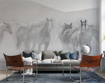 Running Horse Wallpaper - Black White Peel and Stick Removable Murals