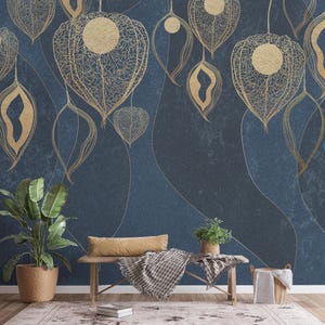 Hanging Giant Leaves with Blue Background Wallpaper, Peel and Stick Mural & Traditional Paper
