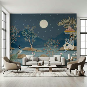 May include: A wall mural featuring a dark blue night sky with a full moon and stars above a landscape of mountains, a river, and trees. A figure with blue skin plays a flute under a canopy, while a peacock and swans are visible nearby.