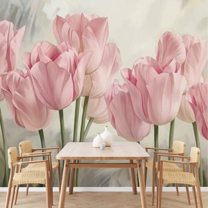 Carta da parati 3D con fiori di tulipano rosa - Espositore floreale realistico per decorazioni domestiche vivaci B581