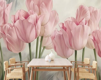 3D Pink Tulip Flower Wallpaper Murals - Lifelike Floral Display for Vibrant Home Décor B581