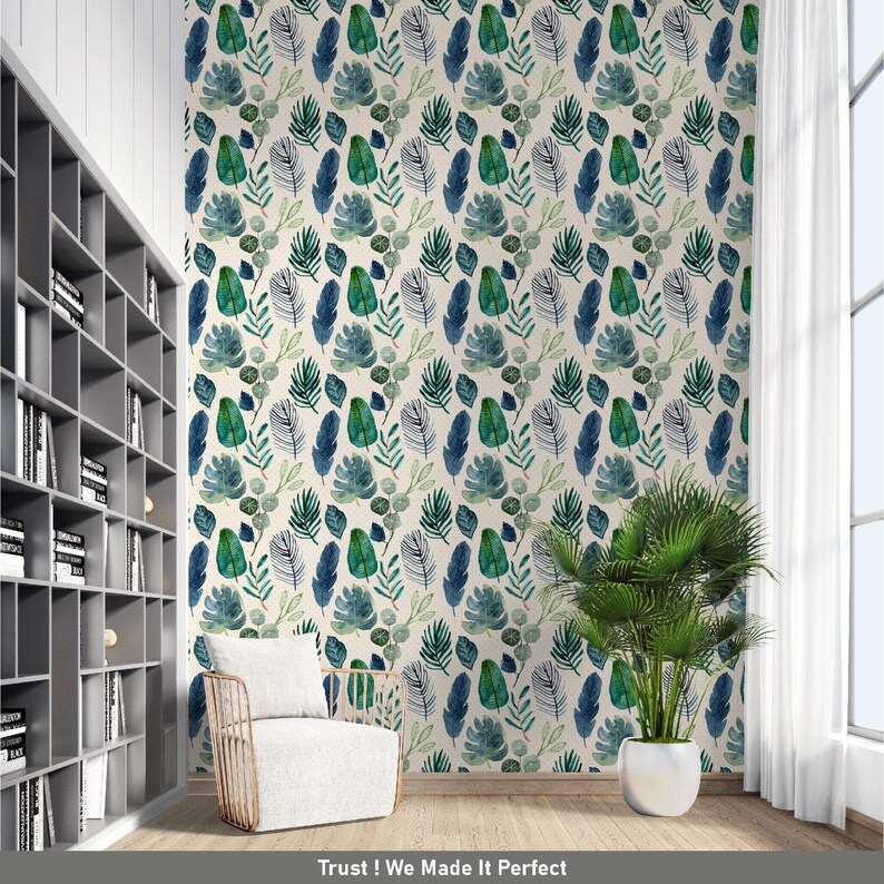 Green Tropical Leaf Wallpaper Mural: Watercolor Peel and Stick - Etsy