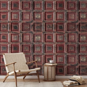 Red Vintage Wooden Panel Wallpaper Mural - Rustic Distressed Wood Design - Authentic Retro Wall Decor B708