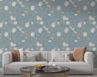 Pale Turquoise Floral Pattern Wallpaper Peel and stick, Vintage Art Design, Removable wallpaper