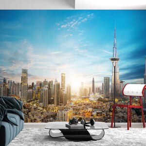 Dubai Downtown Skyline Wallpaper, United Arab Emirates City Mural, Peel and Stick Wallpaper