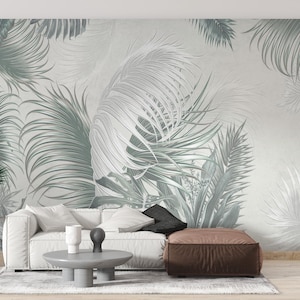 Modern Peel and Stick Wallpaper | Minimalist Tropical Palm & Monstera Leaf Mural | Removable Botanical Wall Decor for Home