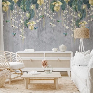 Carta da parati murale con fiori di orchidee appese - Cascata floreale con eleganza di uccelli per un arredamento tranquillo B574