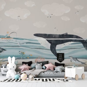 Whale Underwater Mural - Ocean Wallpaper Peel and Stick - Kids Room Whale Wallpaper Wall Art-C429
